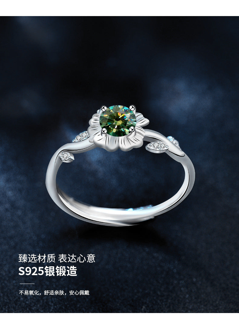 925 Sterling Silver Sunflower Ring for Women, Vintage Personalized Sunflower Open Ring, Emerald Moissanite Jewelry