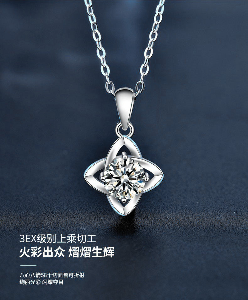 Mossianite Four-leaf Clover Necklace, Women's Korean Style New 925 Pure Silver Pendant Imitation Diamond Collar Jewelry