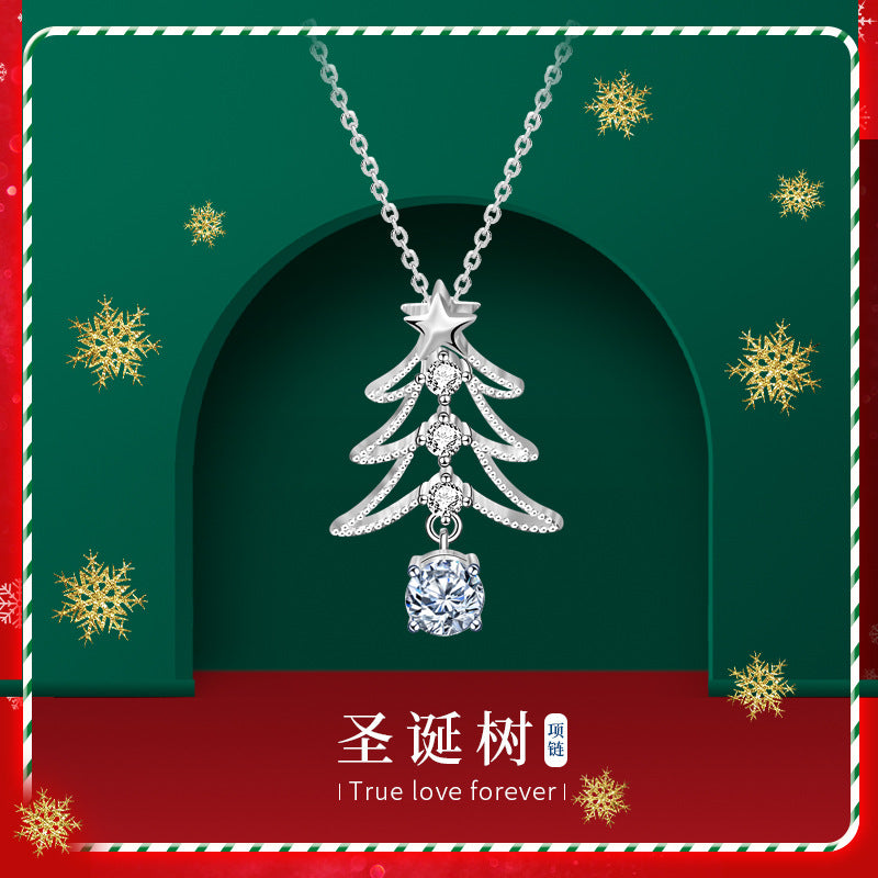 925 Silver Christmas Tree Necklace Pendant Jewelry, New European and American Style Moissanite Collar Accessories, Ins Christmas Gift
