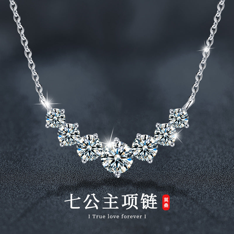 925 Silver Smiling Seven Princess Necklace Accessories, High-end, Versatile Moissanite Pendant, Women's Ins Simple Collar Chain