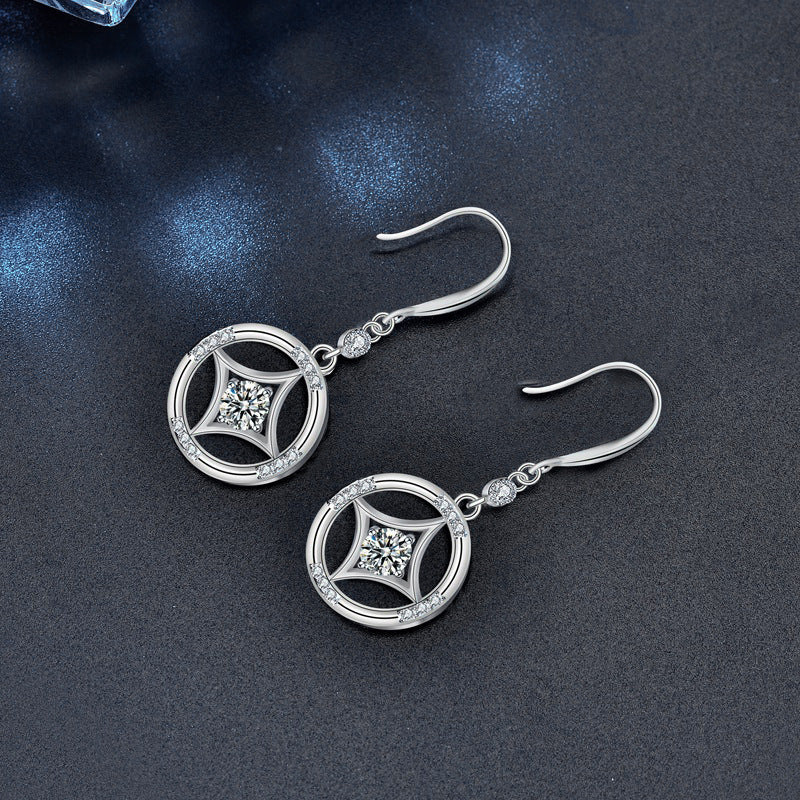 925 Silver Chinese Retro Earrings Copper Coin Tassel Earrings New Moissanite Stud Earrings Simple and Versatile Accessories