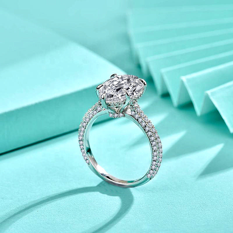 925 Sterling Silver Teardrop Tapered Zircon Ring Women's Exaggerated Personality Dove Egg Five-Claw Diamond Ring Platinum Cross-Border Jewelry