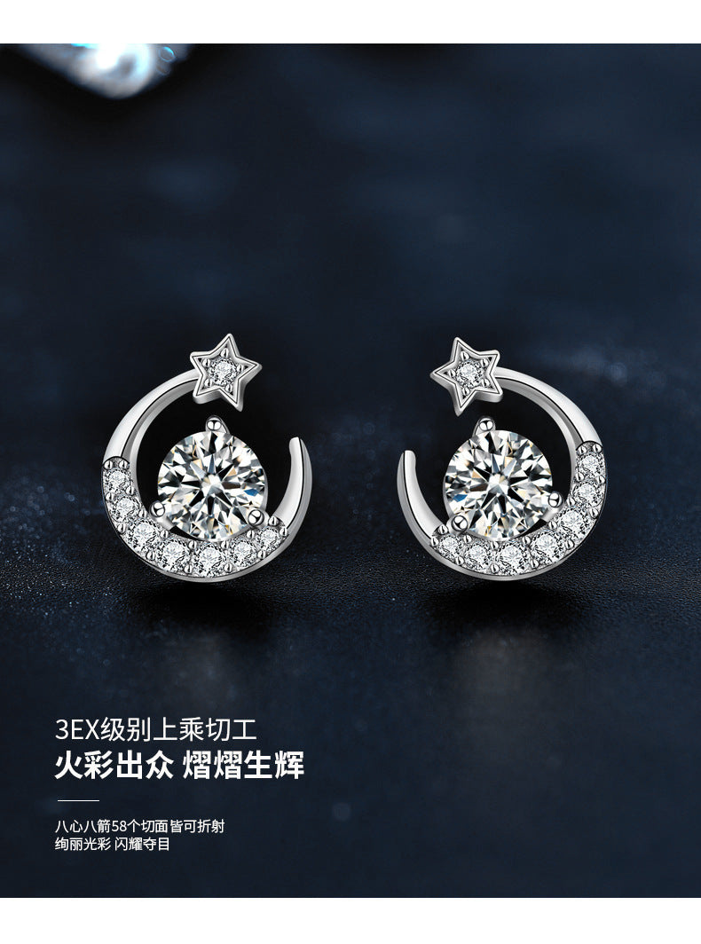 Moissanite 925 silver star moon earrings, ear piercing silver needle ear stick, delicate small earrings, summer earrings