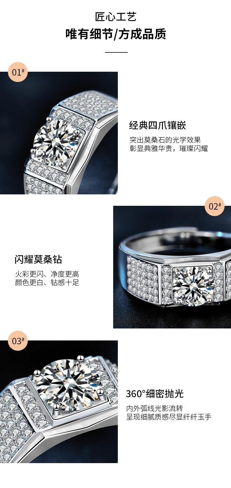 925 Silver Full Diamond Men's Ring, Moissanite Ring, Simulated Diamond Ring, Open Couples Ring, Qixi Gift