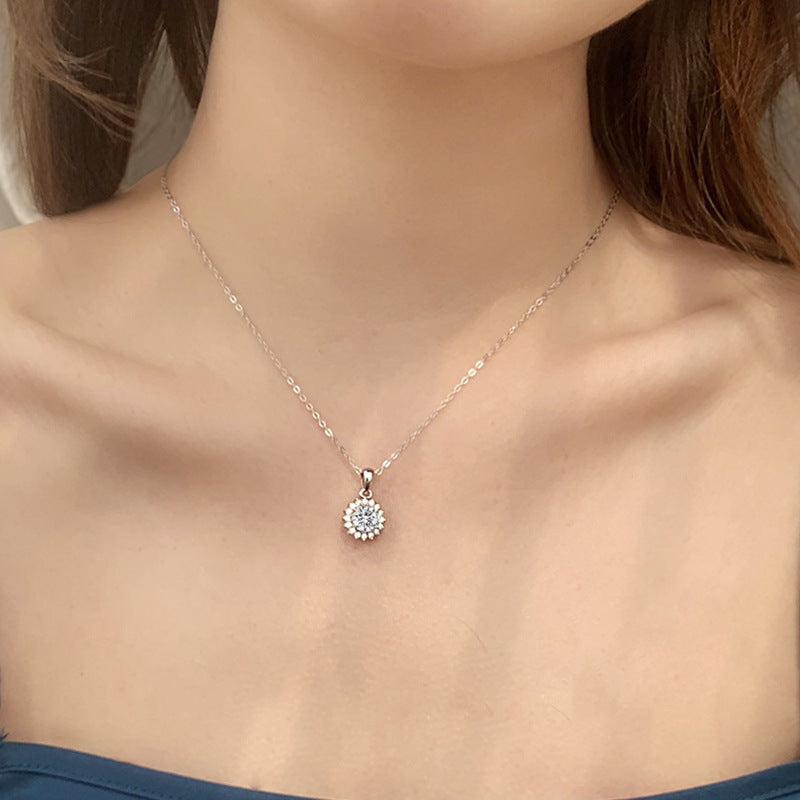 Moissanite 925 Sterling Silver Sunflower Necklace, European and American Flower Pendant, Cross-border Clavicle Necklace for Women