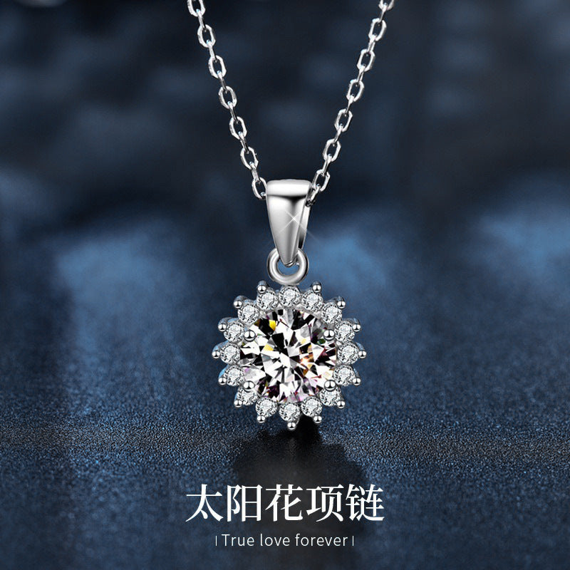 Moissanite 925 Sterling Silver Sunflower Necklace, European and American Flower Pendant, Cross-border Clavicle Necklace for Women