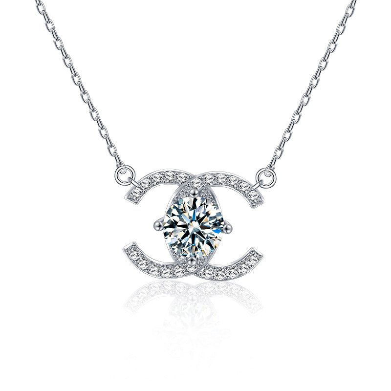 Cross-border New 925 Sterling Silver Necklace Chanel Style Double C Clavicle Chain Moissanite Pendant 1 Carat D Color