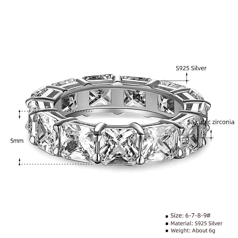 925 Sterling Silver European and American Foreign Trade Full Diamond Zircon Ring Princess Square Ring Fashion Hip Hop Jewelry Cross-border Wholesale