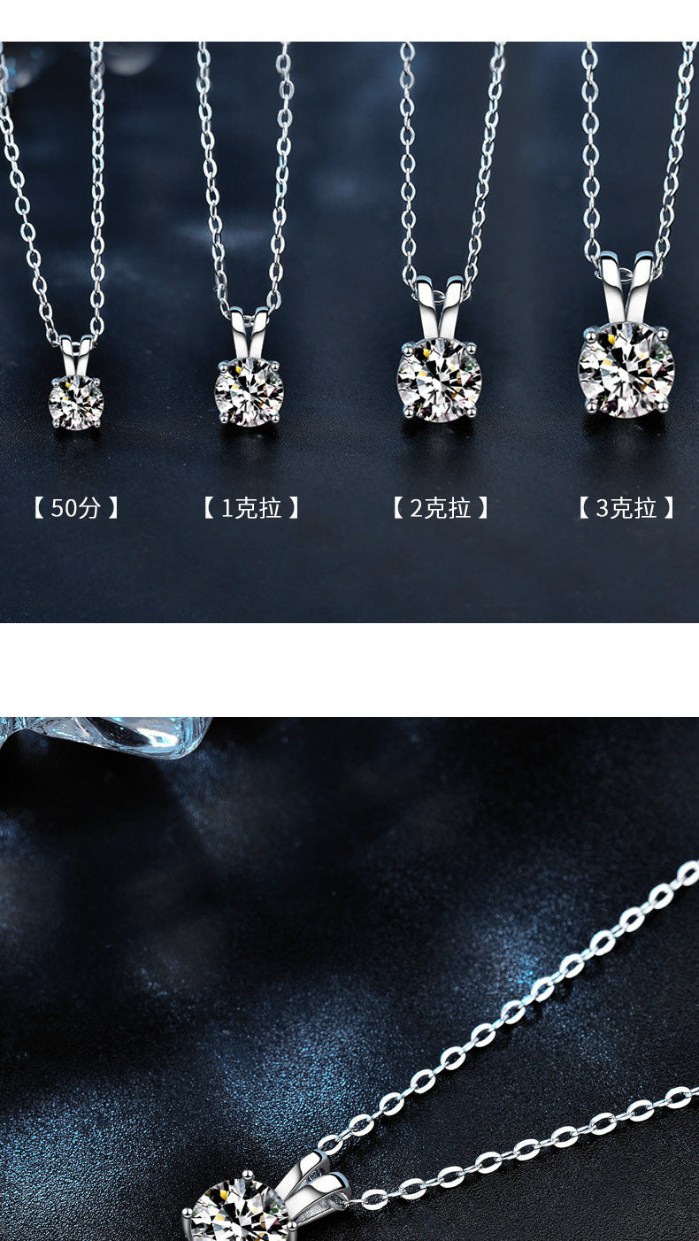 Moissanite 925 Sterling Silver Necklace for Women, Korean and Japanese Small Design Four-Claw Pendant, Simple Clavicle Necklace Jewelry Ins