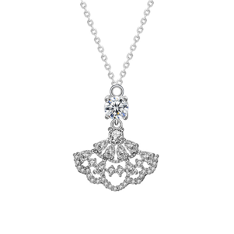 Moissanite small dress necklace for women, 925 pure silver full diamond fan pendant, unique design accessory, collar accessory