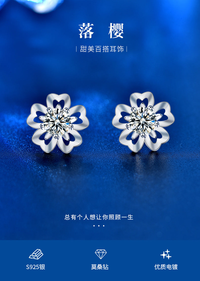 Sakura Stud Earrings for Women, Summer Literary Style, Moissanite Diamond Earrings, New Original 925 Silver Needle Fairy Flower Earrings