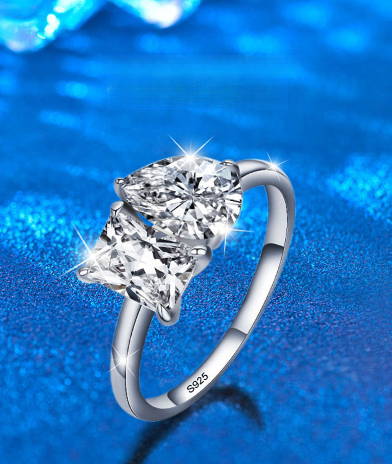 Cross-border jewelry moissanite double stone ring for women 925 pure silver square drop exaggerated ring European and American silver jewelry wholesale
