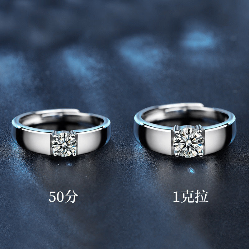 925 Sterling Silver Men's Platinum-tone Moissanite Ring Korean Style Polished Simple Open Ring Trendy Jewelry Couple