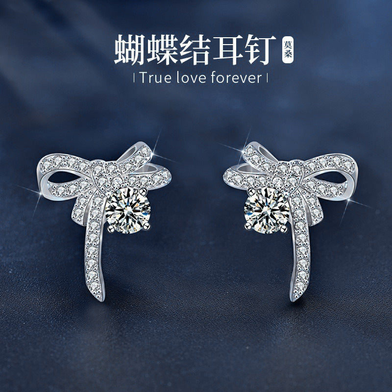 Original jewelry earrings, Korean simple and delicate earring pins, girls' 925 silver needle, elegant moissanite bow earring accessories