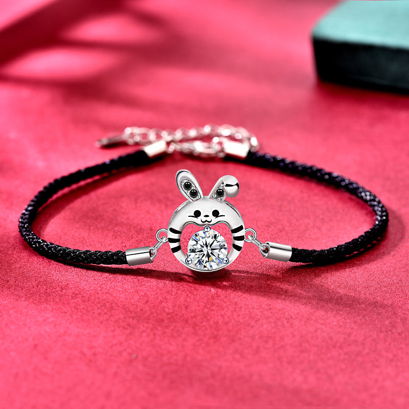 Moissanite Diamond Lucky Rabbit Couple Wristband 925 Pure Silver Bracelet High Version National Trend Zodiac Rabbit Year of Birth Ornament