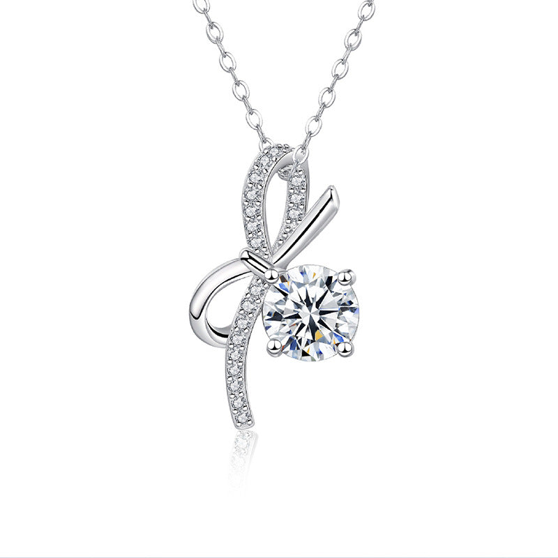 S925 Sterling Silver Luxury Bow Pendant Moissanite Necklace for Women, Unique Design, High-end Style, Cross-border Accessories