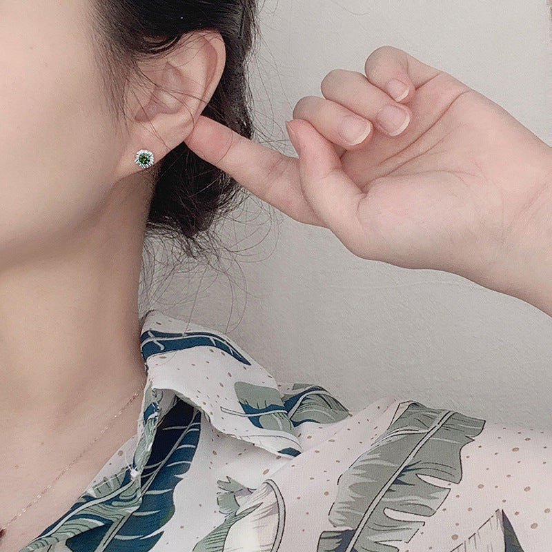 Sunflower 925 Sterling Silver Earrings, Unique Design, Ins-style Cute and Exquisite Green Moissanite Earrings