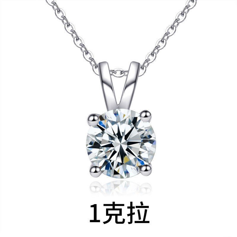 Moissanite 925 Sterling Silver Necklace for Women, Korean and Japanese Small Design Four-Claw Pendant, Simple Clavicle Necklace Jewelry Ins