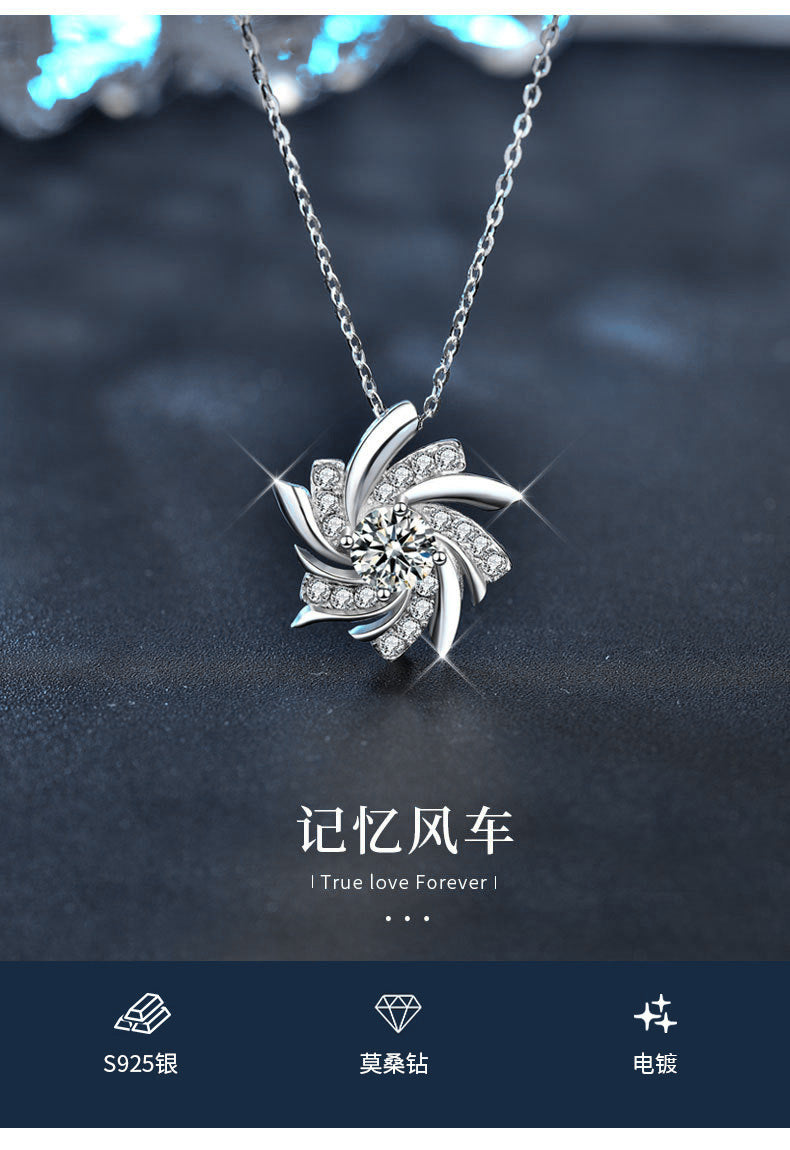 Windmill necklace for women, S925 pure silver pendant, European and American trendy luxury, unique design, moissanite, collar necklace for girlfriend
