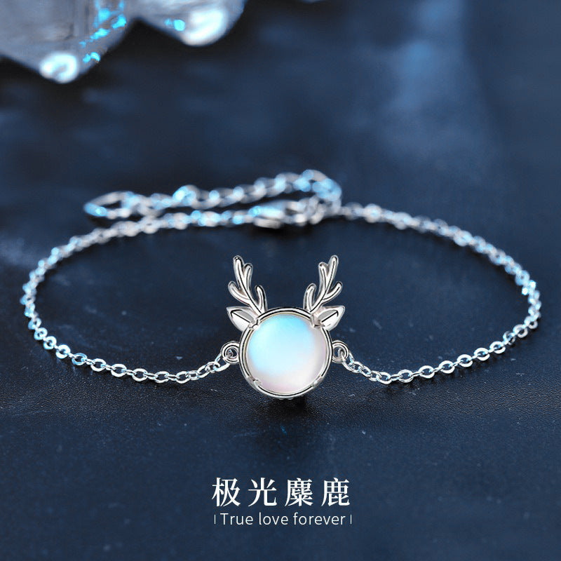 Moonstone 925 Sterling Silver Deer With You Bracelet for Women, Mori Style, Fresh, Winter Christmas Gift Jewelry, Ins