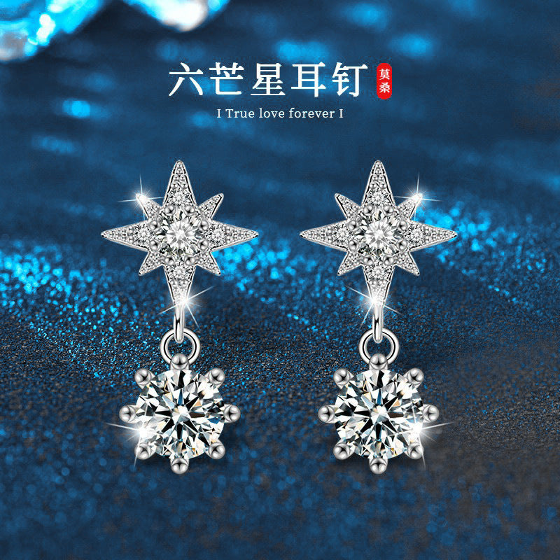 Moissanite Star of David Earrings S925 Sterling Silver Women's Minimalist High-End Tassel Silver Jewelry
