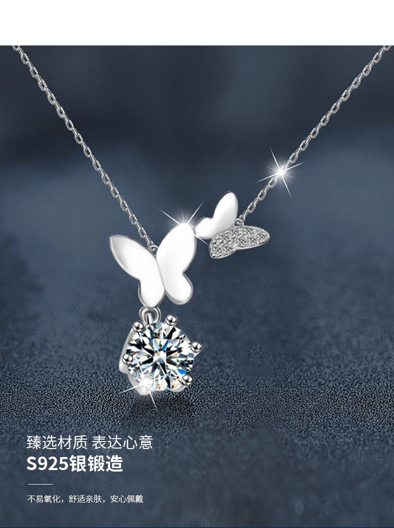 925 Silver Moissanite Butterfly Necklace, Colorfast, Women's Design, Autumn Winter High-end Collar Chain, Ins Unique Accessories