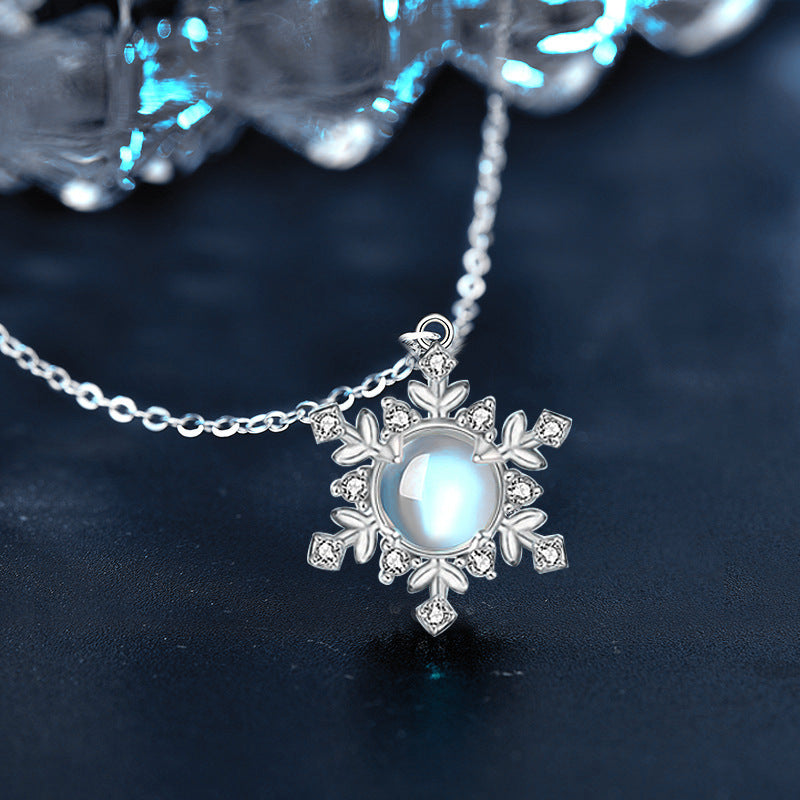 Moonstone Snowflake Necklace for Women, S925 Sterling Silver Pendant, Korean Style Fresh Clavicle Necklace, Christmas Gift Jewelry