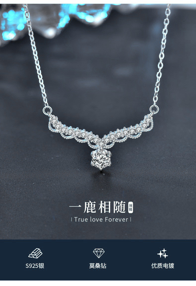A deer with you necklace, ins unique design, 925 pure silver, moissanite, forest style deer antler pendant set chain, Christmas decoration