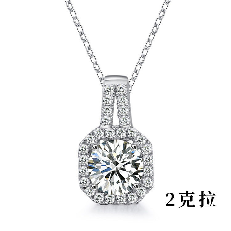 Moissanite 925 silver necklace, In style princess square pendant, summer European and American square silver accessory
