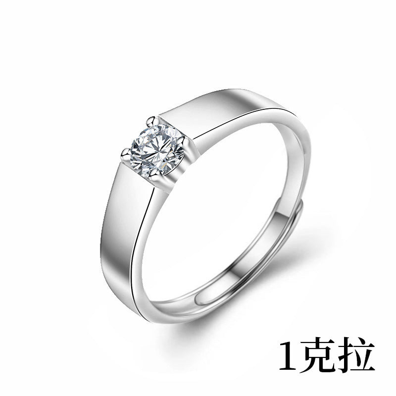 925 Sterling Silver Men's Platinum-tone Moissanite Ring Korean Style Polished Simple Open Ring Trendy Jewelry Couple