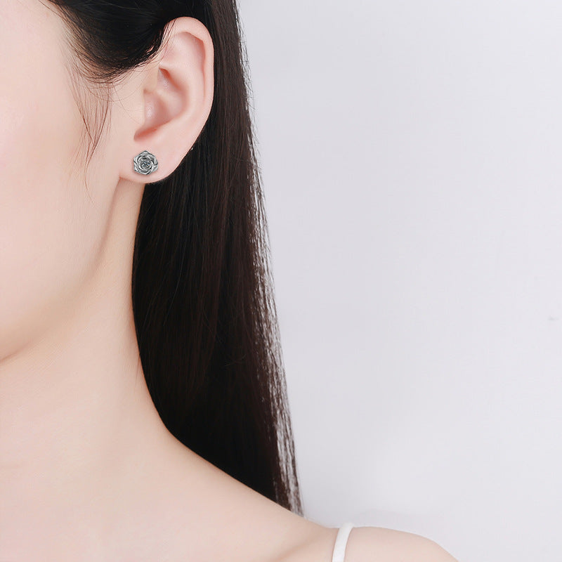 Moissanite Rose Earrings S925 Sterling Silver Niche Temperament Light Luxury High-End Earrings for Women
