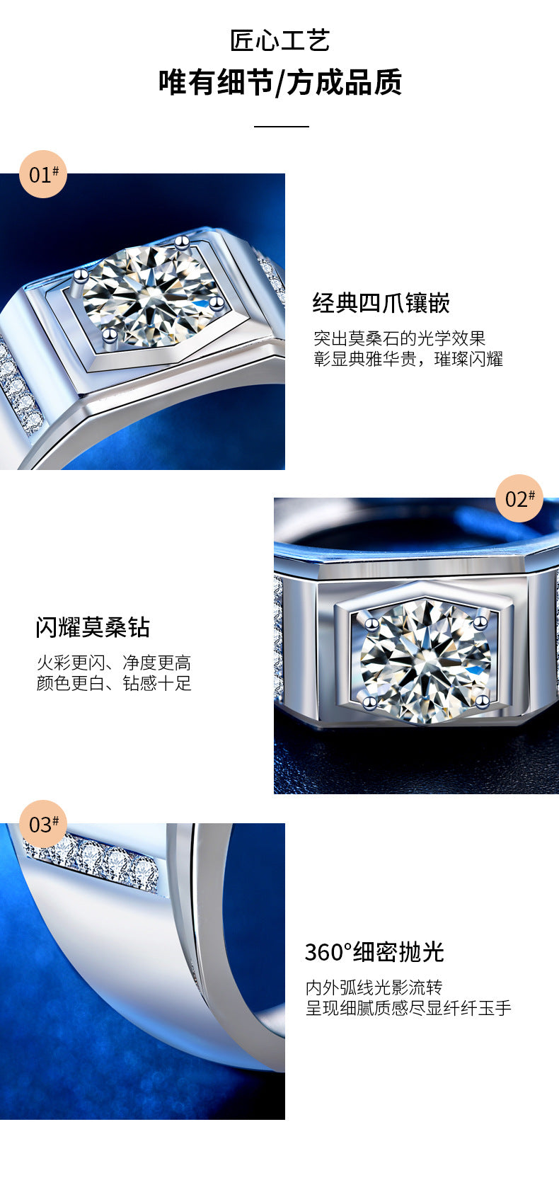 925 Sterling Silver Men's Ring Jewelry High-End Moissanite Simulated Diamond Ring European and American Hip Hop Men's Ring Cross-Border Good Product
