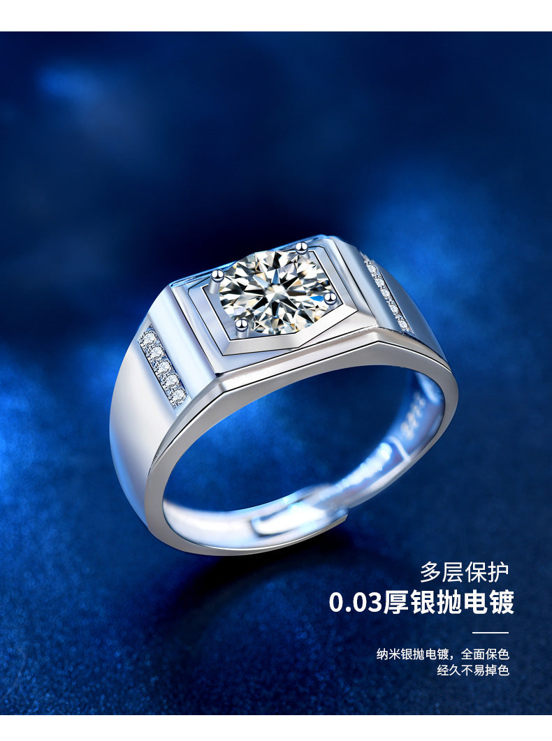 925 Sterling Silver Men's Ring Jewelry High-End Moissanite Simulated Diamond Ring European and American Hip Hop Men's Ring Cross-Border Good Product