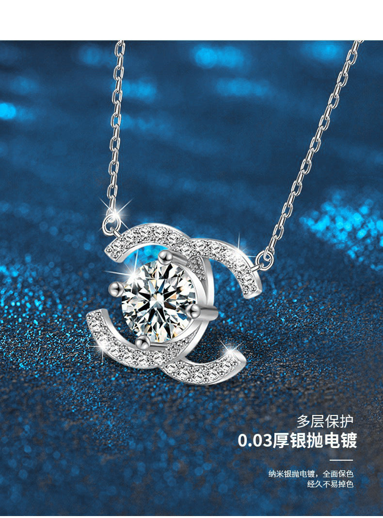 Cross-border New 925 Sterling Silver Necklace Chanel Style Double C Clavicle Chain Moissanite Pendant 1 Carat D Color