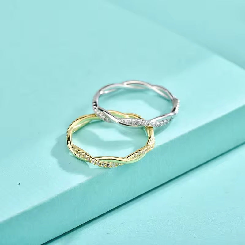 Hot-selling foreign trade 925 pure silver twisted rope ring with zirconia and rhodium plating, cross-border hit in Europe and America