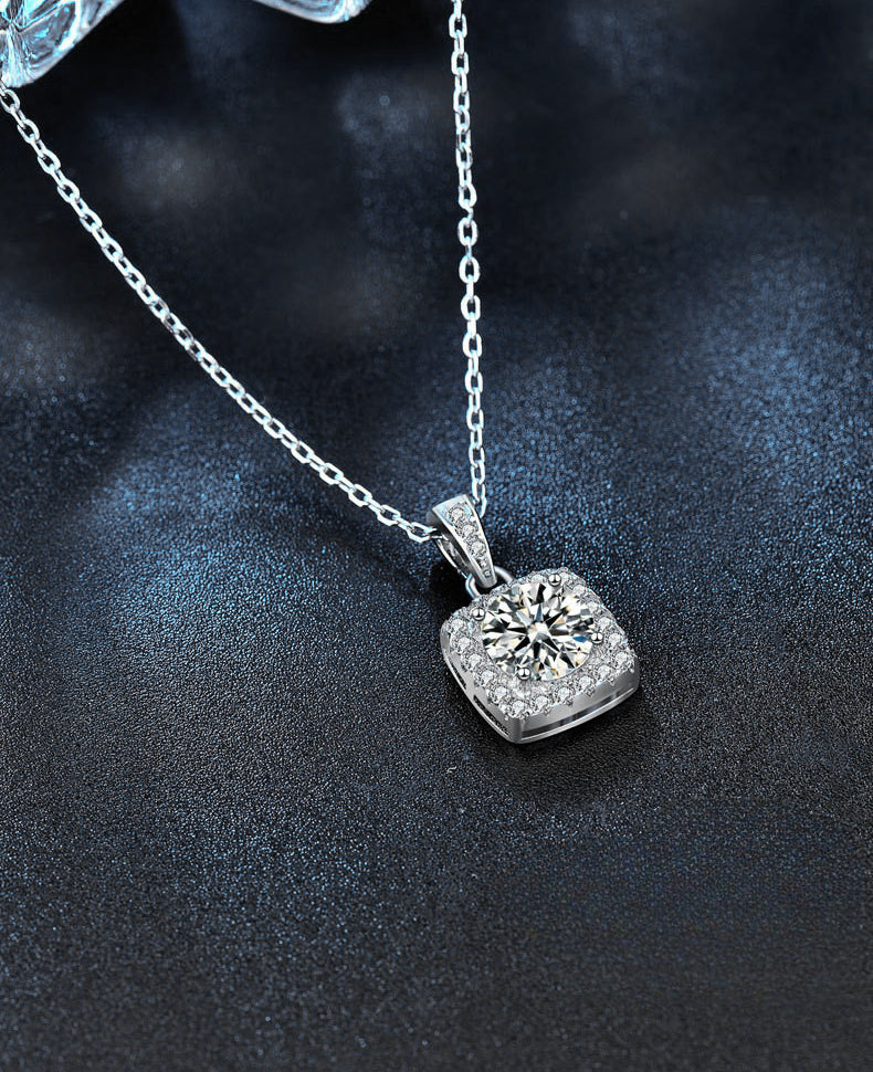 Moissanite 925 Sterling Silver Necklace Women's Ins Style Princess Square Bag Pendant Square Personality Choker Jewelry New Live Stream