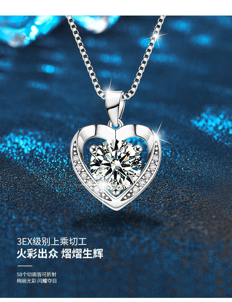Moissanite necklace jewelry for women, high-end 925 silver heart pendant collar chain