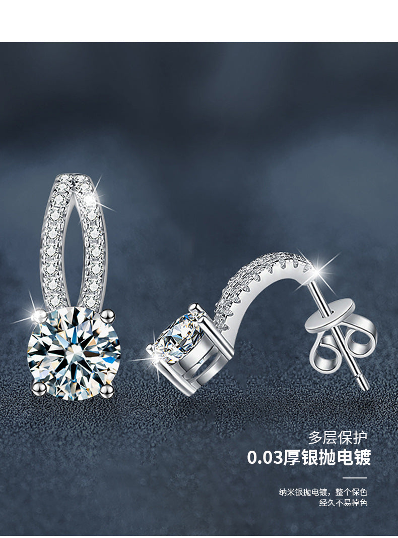 Moissanite earring, 925 pure silver, high-end simple and elegant style, four-claw earring, unique design sense