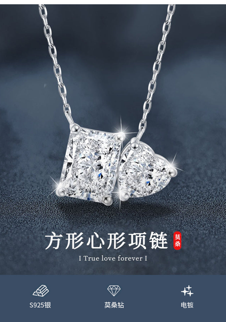 Cross-border Jewelry Moissanite Necklace 925 Sterling Silver Women's Pendant Rectangle Heart Clavicle Chain European and American Hot-selling Necklace