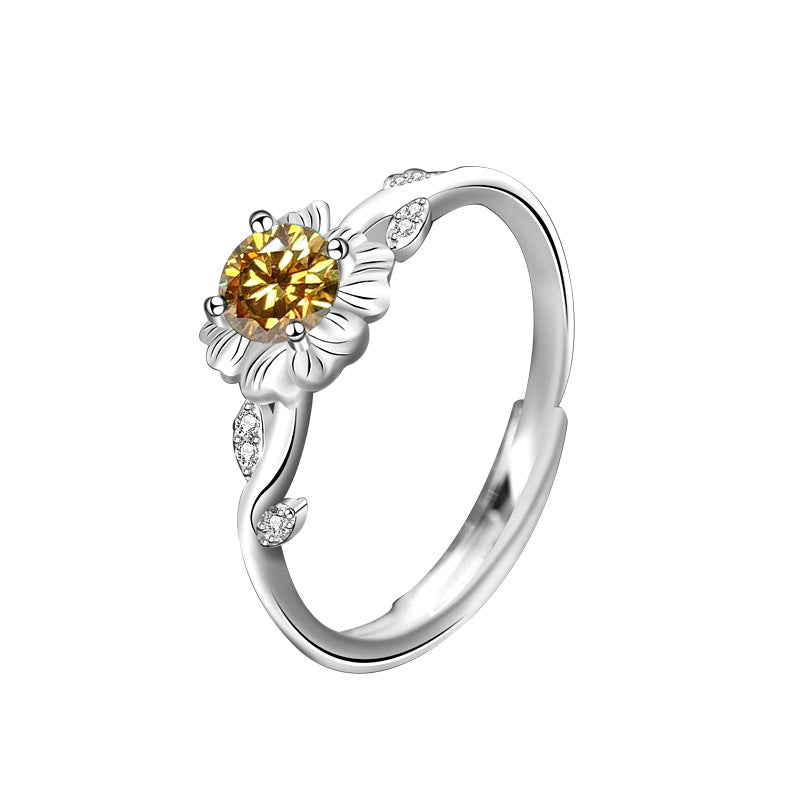 925 Sterling Silver Sunflower Ring for Women, Vintage Personalized Sunflower Open Ring, Emerald Moissanite Jewelry