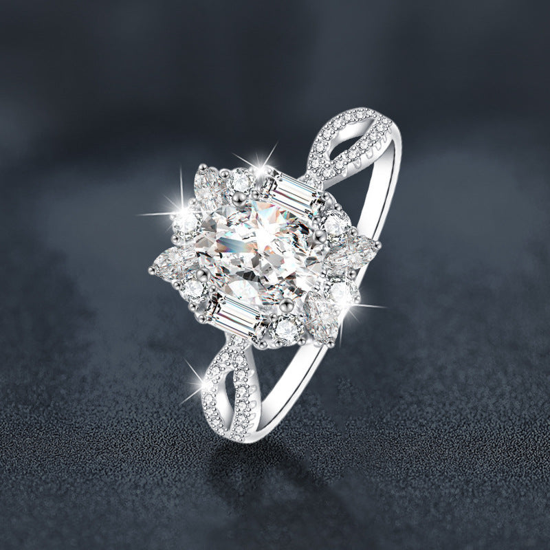 Women's Moissanite Ring, 925 Sterling Silver Oval Pigeon Egg Shape Simulated Diamond Ring, Platinum-tone Color, Cross-border Accessories