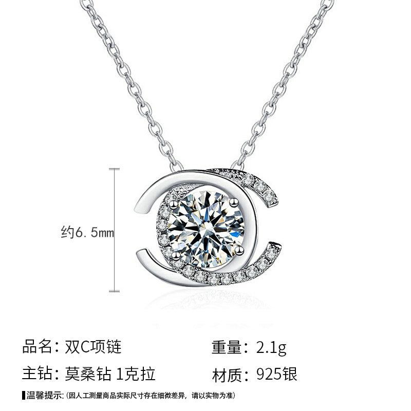 Moissanite Necklace 925 Sterling Silver Double C Letter Pendant Women's Clavicle Necklace Valentine's Day Gift Jewelry