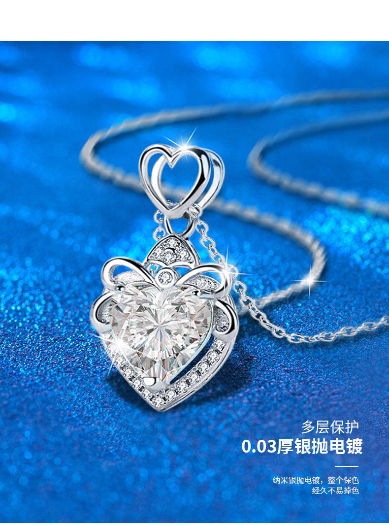 Cross-border jewelry 925 pure silver necklace for women, high-end luxury moissanite heart pendant collar chain