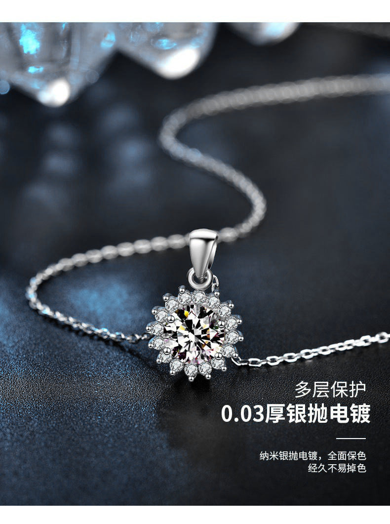 Moissanite 925 Sterling Silver Sunflower Necklace, European and American Flower Pendant, Cross-border Clavicle Necklace for Women