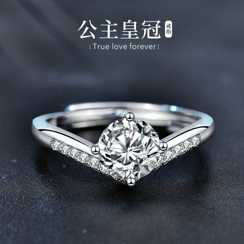925 Sterling Silver Women's Princess Crown 1 Carat Moissanite Ring Fashion Open Ring V-shaped Heart Ring