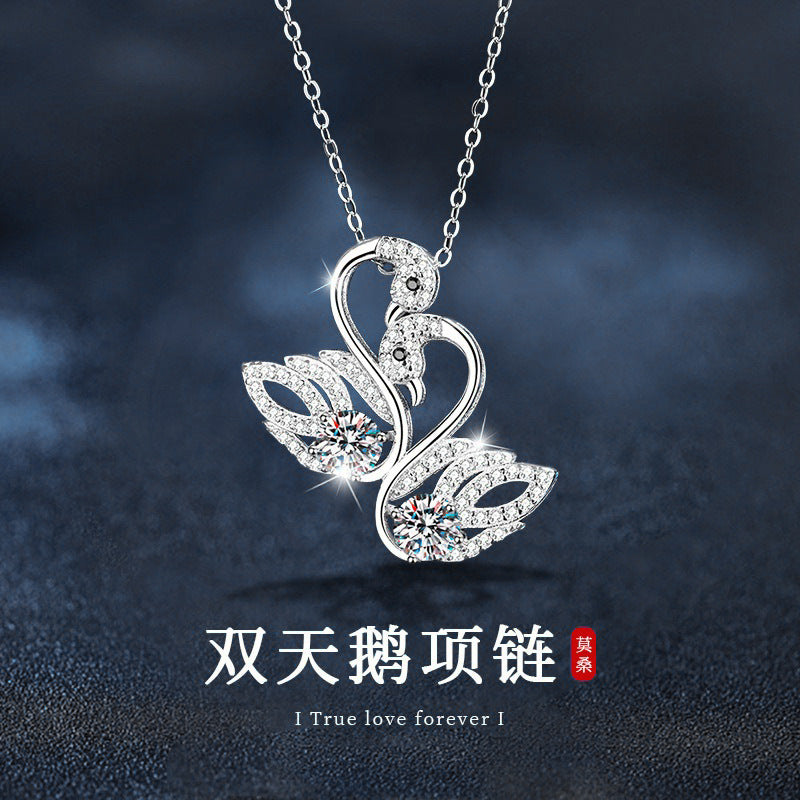 925 Silver Moissanite Double Swan Necklace, Women's Lightweight Luxury, Unique, Non-fading, Versatile Pendant, Collar Chain, DIY Accessories