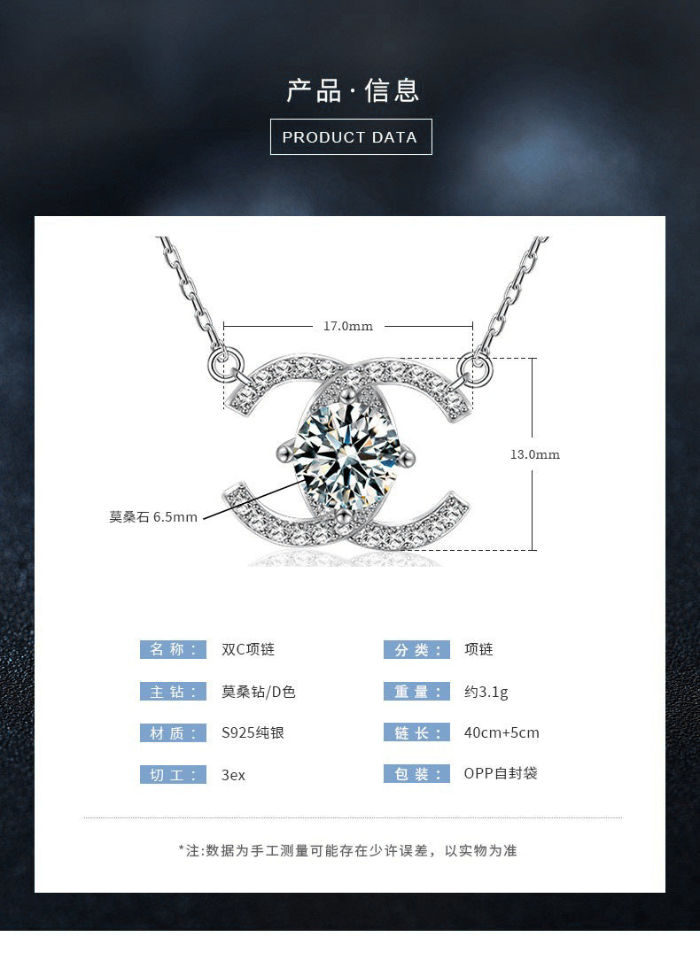 Cross-border New 925 Sterling Silver Necklace Chanel Style Double C Clavicle Chain Moissanite Pendant 1 Carat D Color