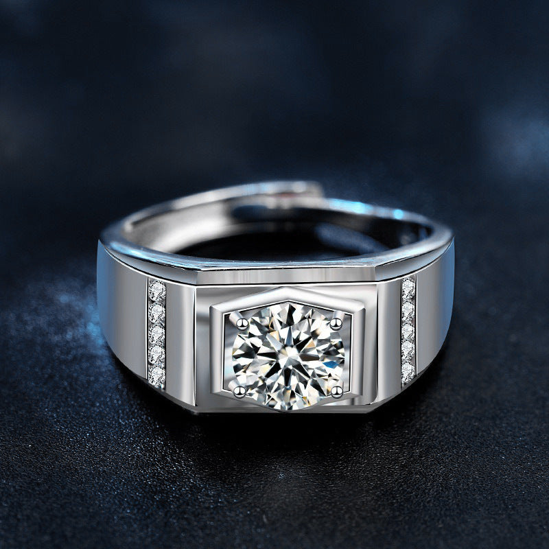 925 Sterling Silver Men's Ring Jewelry High-End Moissanite Simulated Diamond Ring European and American Hip Hop Men's Ring Cross-Border Good Product