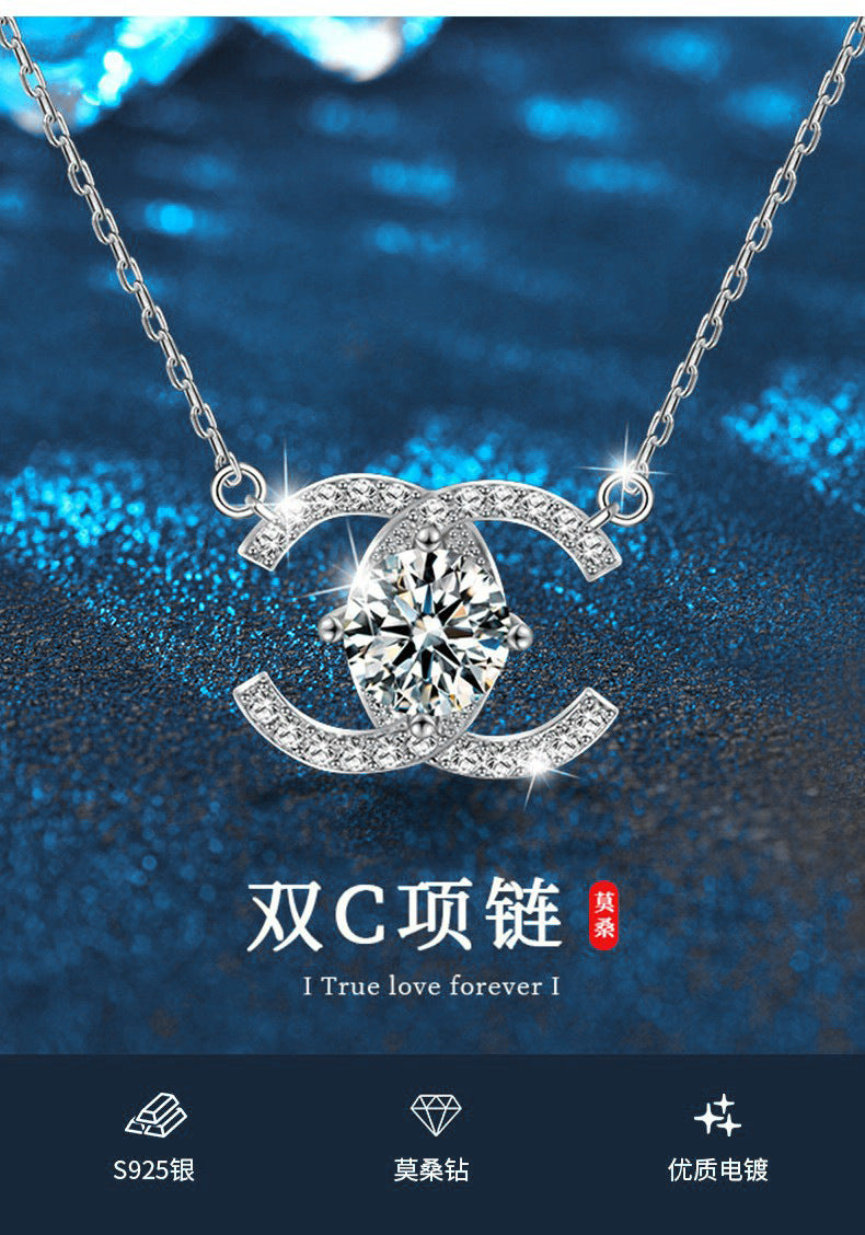 Cross-border New 925 Sterling Silver Necklace Chanel Style Double C Clavicle Chain Moissanite Pendant 1 Carat D Color