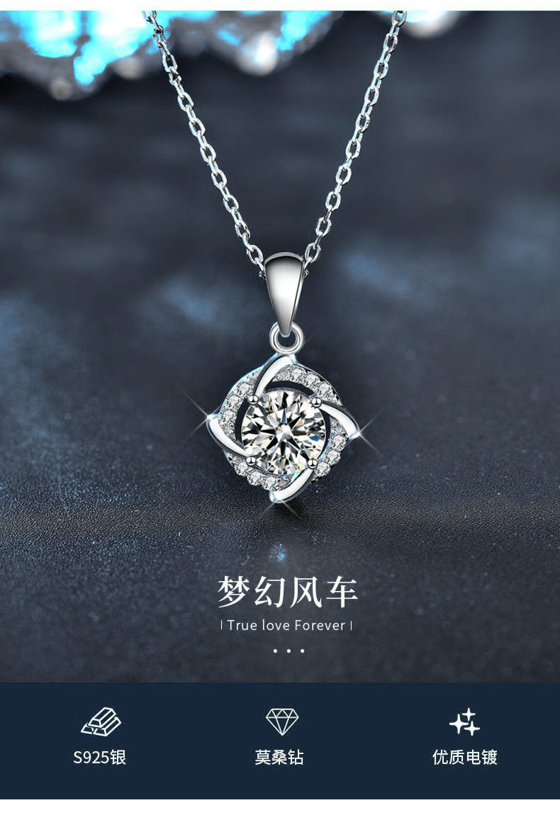 925 Sterling Silver Windmill Necklace for Women, Korean New Gem Moissanite Pendant, Temperament Clavicle Necklace Accessories